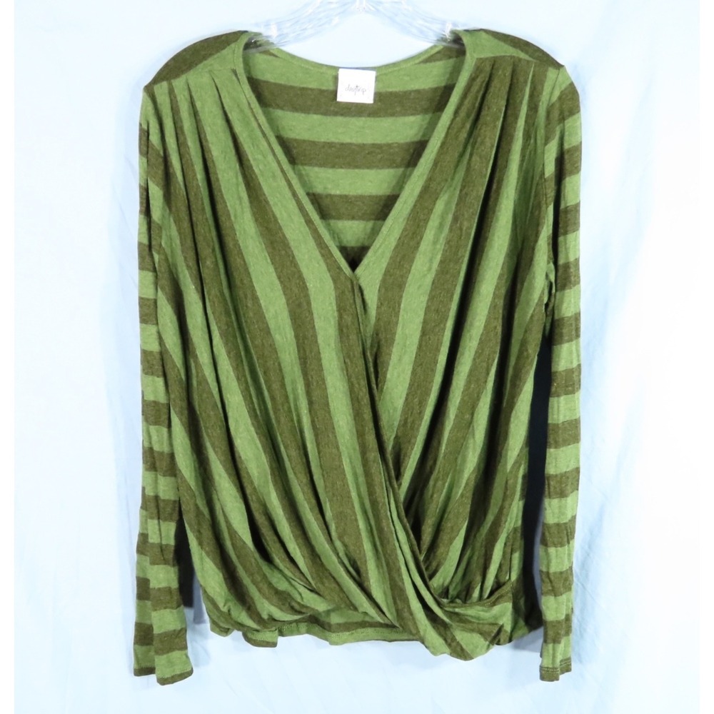 DAYTRIP Buckle TWO TONE GREEN STRIPES Wrap Twist Front SUPER SOFT KNIT TOP sz XL